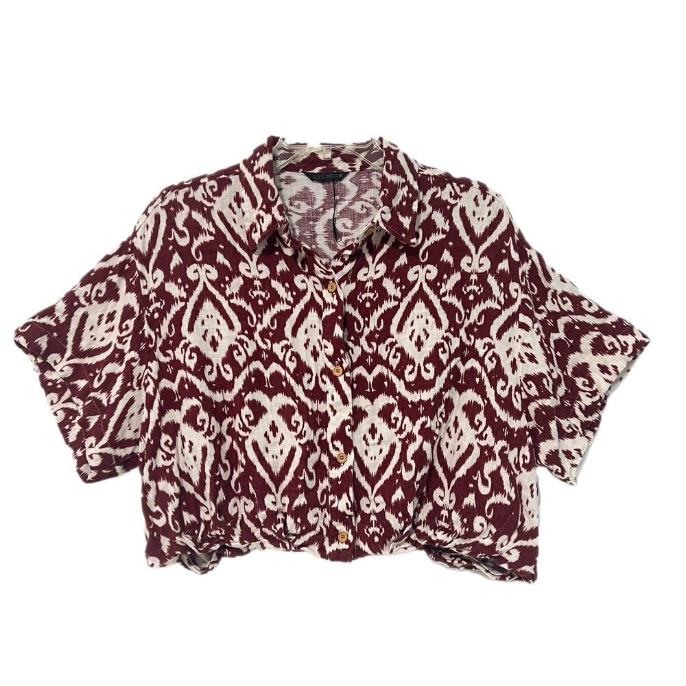 Zara Linen Blend Crop Top Medium Ikat Burgundy Cream Casual Beach Relaxed